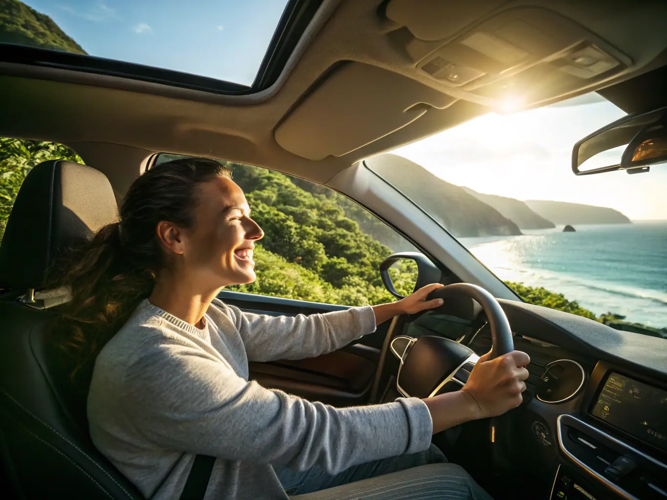 An illustration of a person happily driving a car with a Portuguese license plate, symbolizing the final step and the freedom of driving legally in Portugal.