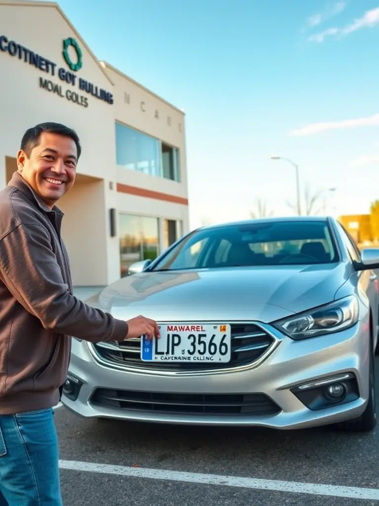 A person smiling while easily attaching a Portuguese license plate to their car, showcasing the simplicity of the process.